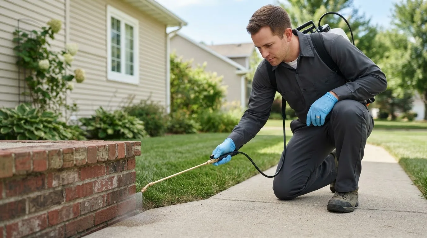 Pest control technician treating a home near Enfield, IL